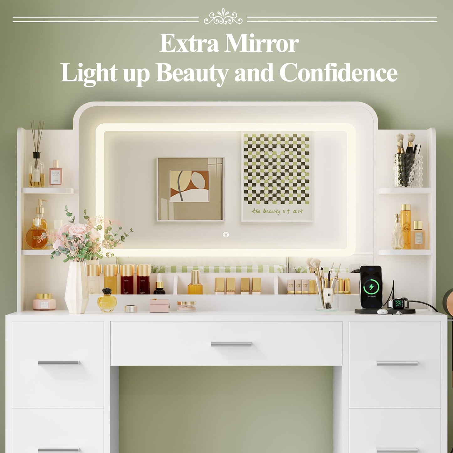 JUMMICO Makeup Vanity Desk with Large Mirror and LED Lights, Vanity with Power Strip and Hairdryer Holder, 6 Open Shelves and 7 Drawers Modern Dressing Table, for Bedroom (White)
