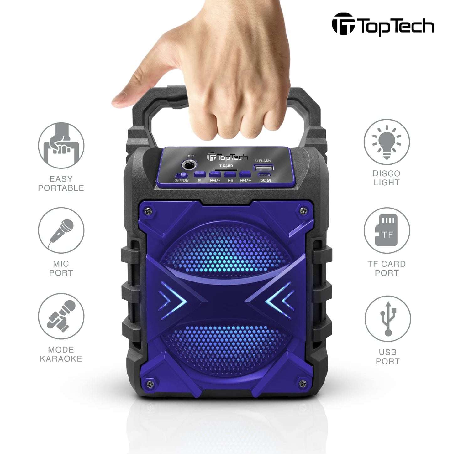 Top Tech Audio Jet-4 400W Bluetooth Speaker, 4" Woofer, Louder Volume, Crystal Clear Stereo, Rich Bass, 100ft Wireless Range, Mic Input, Portable Speaker – Blue