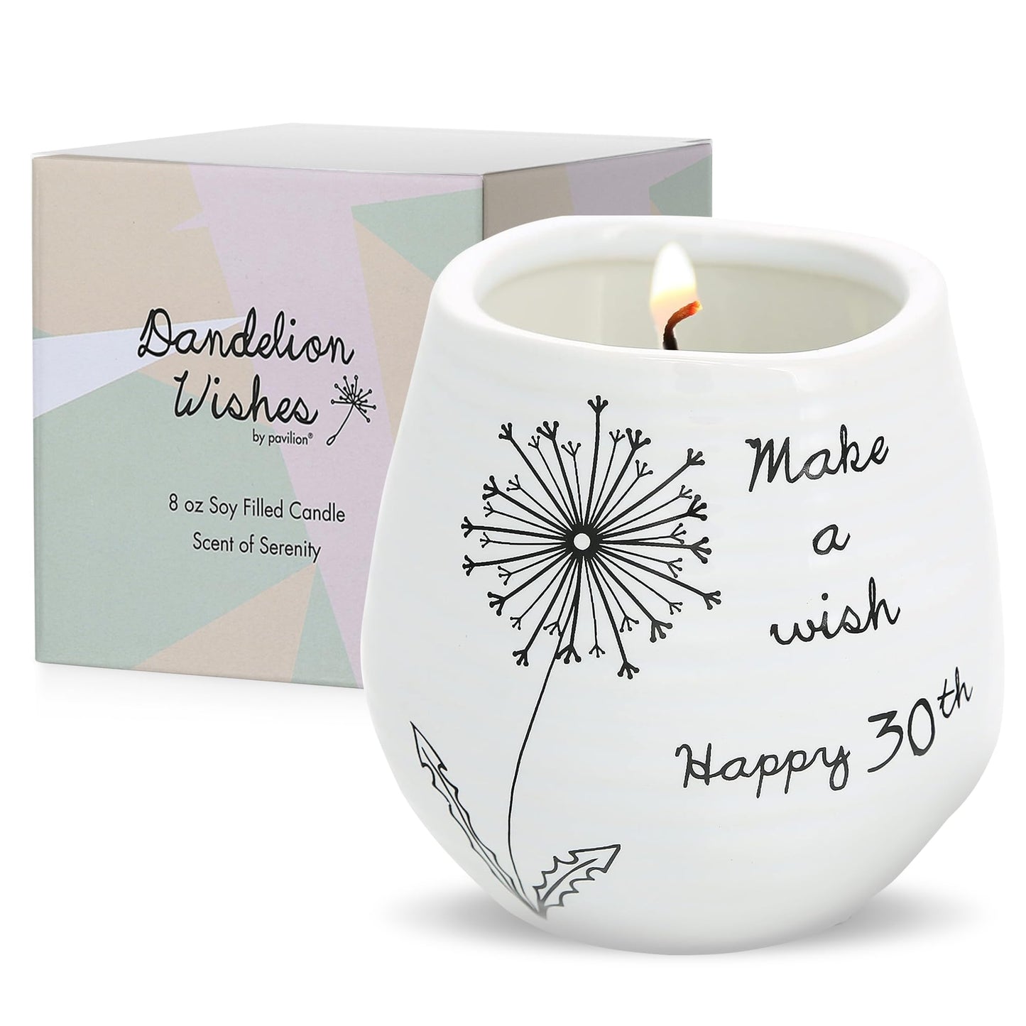 Pavilion - 8 Oz Candle Holder - White Ceramic Candle Jar with 100% Soy Wax Candle Serenity Scent "Make a wish Happy 30th" Ideal Gift for Loved Ones - Printed Text, Love Theme & Oval Shape
