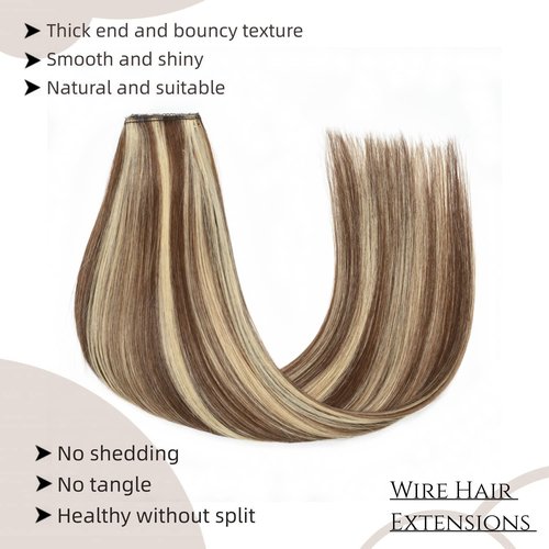 Invisible Wire Extensions Clip in Hair Extensions with Fish Line 20inch Wire Hair Extensions Real Human Hair 100g Ombre Highlights Brown to Blonde #4/613