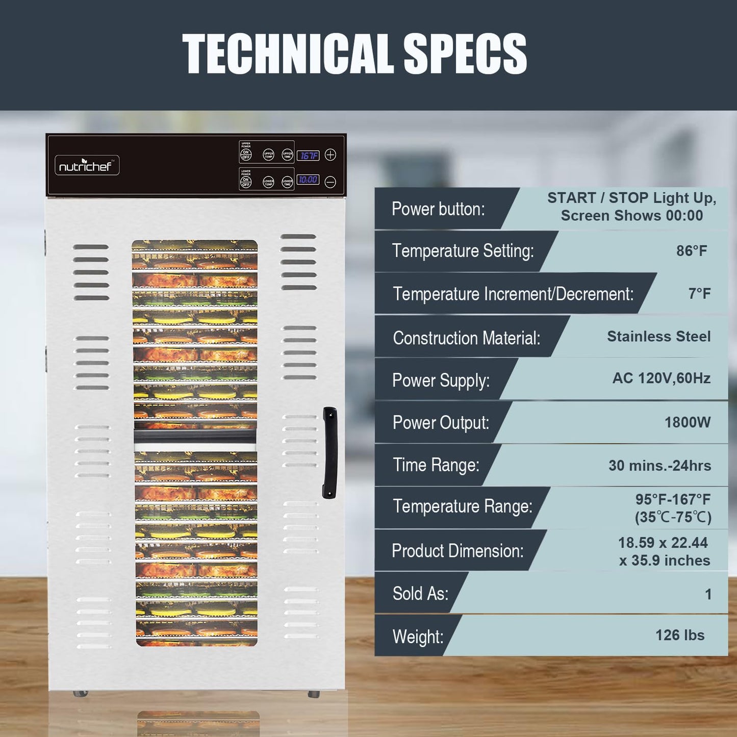 Nutrichef Commercial Electric Food Dehydrator Machine | 20 Shelf Extra Large Capacity - Stainless Steel Trays | 2000-Watts, Digi