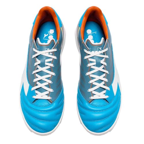 Diadora Men's Brasil Elite Turf Soccer Shoe - Water-Resistant Suprellsoft, Non-Slip PU Heel Lining, Flex Points Insole, Blue/White/Orange, US 10, Adult, Medium Width