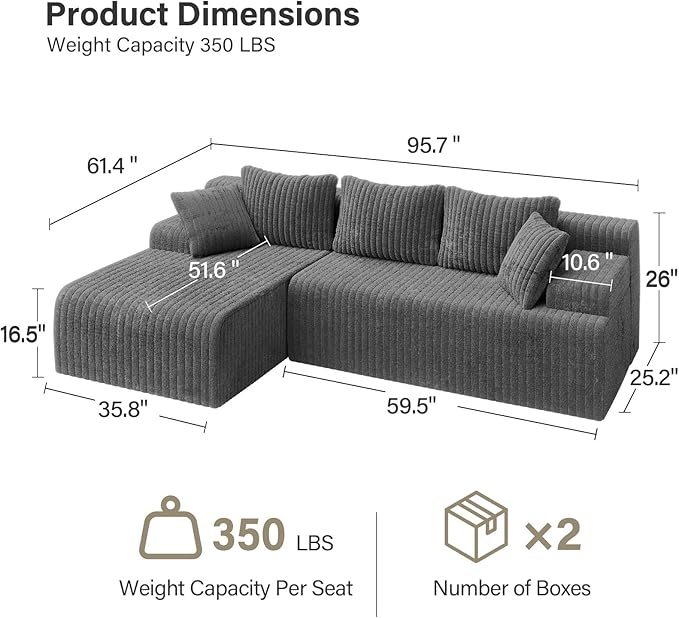 LAUSAINT HOME 96" Modular Sectional Sofa Couches, L-Shaped Boneless Cloud Sofa with 3 Deep Seat, 5 Cushiones Oversized Chaise for Living Room, Bedroom, Plush Corduroy Fabric (Left, Grey)
