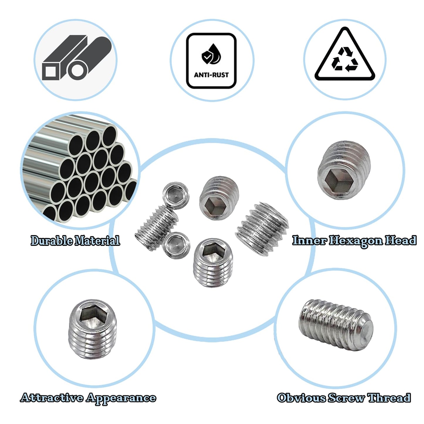 60pcs Set Screws, Allen Head Screws, Grub Screws M3 M4 M5 M6 M8 for Home Repair, Install Door Lock, Repair Furniture, Electronic Product, DIY, Fixtures (Stainless Steel 12 Sizes)