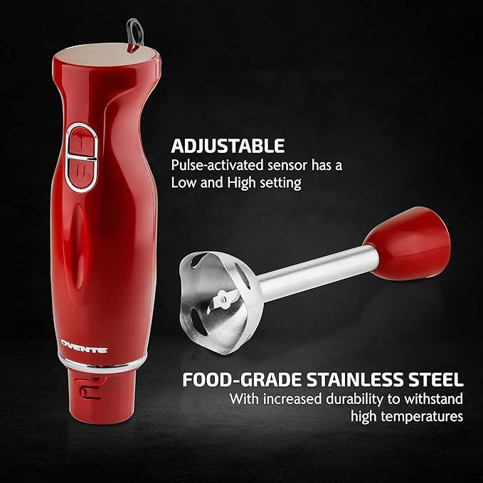 OVENTE Immersion Hand Blender, 300W Corded Electric Handheld Stick Mixer with 2 Mixing Speeds and Stainless Steel Blades for Smoothies, Purees & Baby Food, Red HS560R