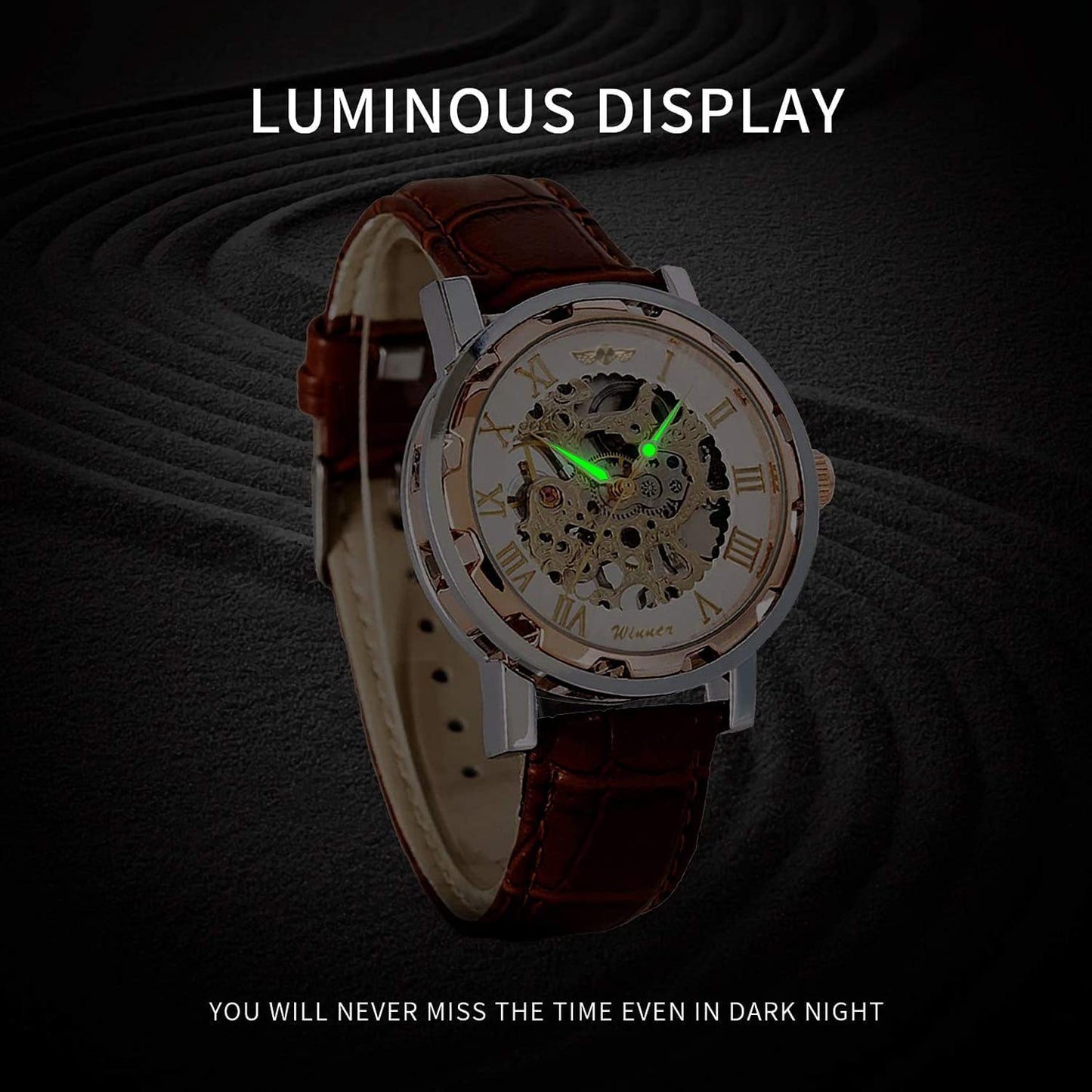 Gute Men's Watch, Mechanical Skeleton Hand-Wind Steampunk Bling Watch for Men Women, Roman Numeral PU Leather Silver Rose-Gold Case Unisex Wrist Watch