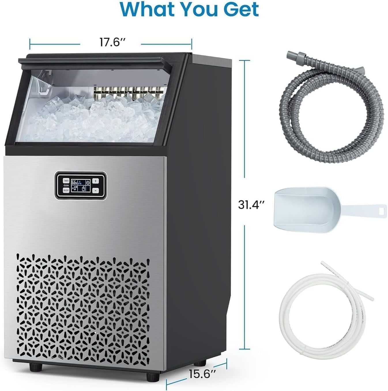Dainslef Commercial Ice Maker Machine - 110LBS/24H Ice Production, 33LBS Storage, Stainless Steel, Self-Cleaning, 66 Ice Cubes in 5-15 Mins, Freestanding/Undercounter