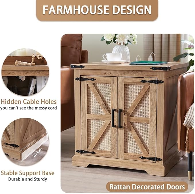 Barnyatoh Farmhouse Boho End Table with Charging Station, 24" Large Side Table with Rattan Barn Door, Rustic Wood Square Nightstand Bedside Table with Storage for Living Room, Bedroom, Natural