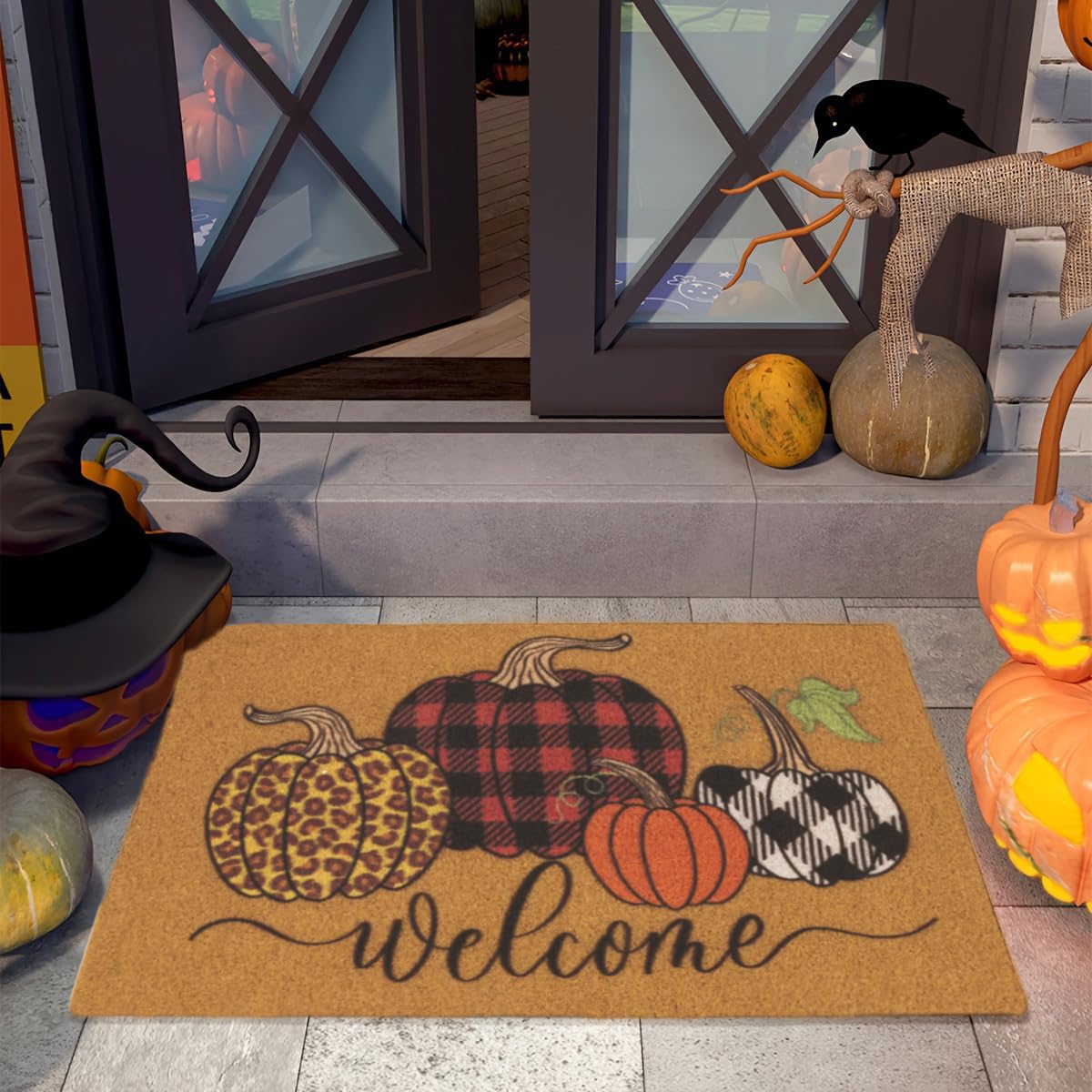 CXQRR Hello Pumpkin Welcome Coir Door Mat - Halloween Pumpkin Outdoor Indoor Entrance Door Mat Non Slip Rubber Backing for Fall Holiday 17 * 30Inch
