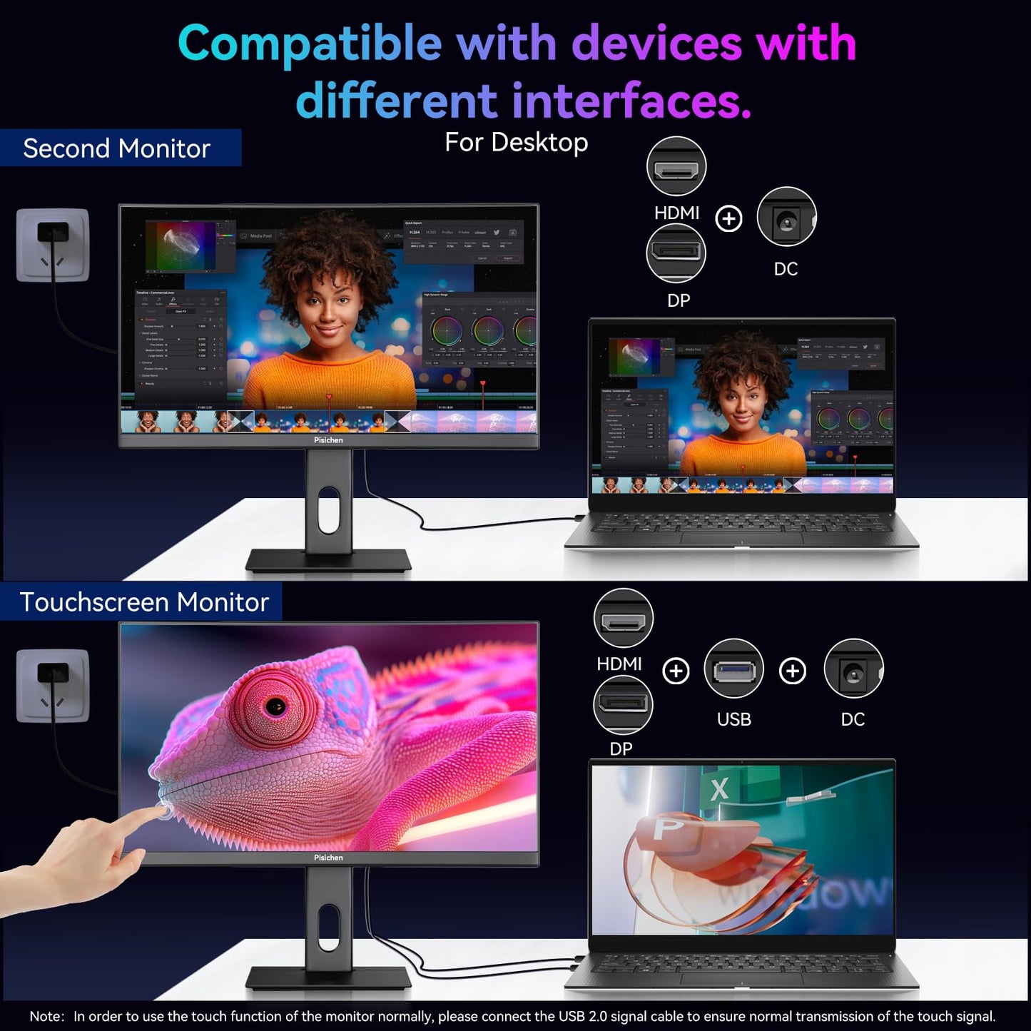 Pisichen Curved 27 Inch Touchscreen Monitor, QHD 2K 2560x1440 85Hz Computer Monitor, 99% sRGB, Built-in Adaptive Sync, with Display Port HDMI, Eye Care, VESA