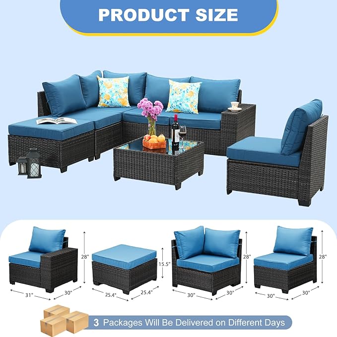 SunloungeCo 7 Pieces Outdoor Patio Furniture Set, Wicker Conversation Sets with Tea Table, Rattan Patio Sofa with Thick Cushions for Garden, Backyard Porch, Poolside,Peacock