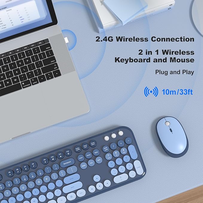 Wireless Keyboard and Mouse Combo, MOWUX Colorful Computer Full Size 2.4G Plug and Play Wireless Typewriter Keyboard and Mouse Set for Computer, Desktop, PC (Sea Blue Gradient)