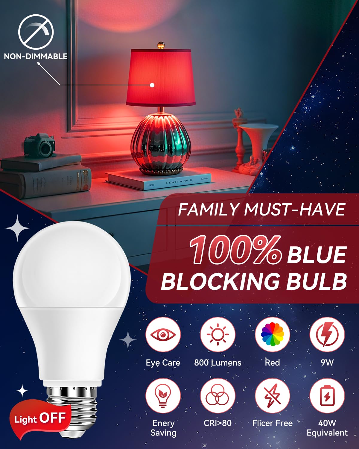 Neporal Red Light Bulbs for Sleep 9W, 100% Blue Light Blocking Red Night Light, 625nm Sleep Light for Melatonin Promoting, A19 60W Equivalent Dim Light Bulbs for Bedroom, Baby Nursery,3 Pack