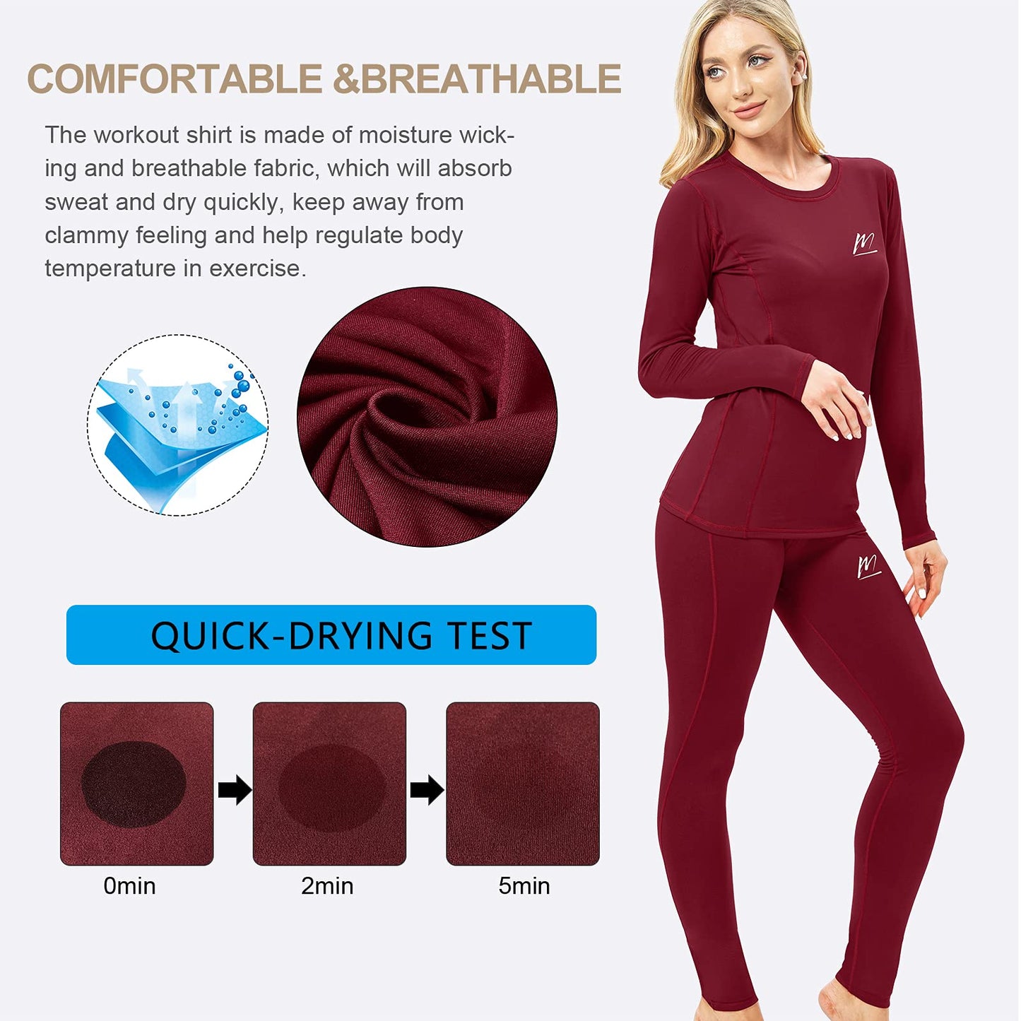 MeetHoo Thermal Underwear for Women, Winter Warm Base Layer Compression Set, Fleece Lined Long Johns Running Skiing Red