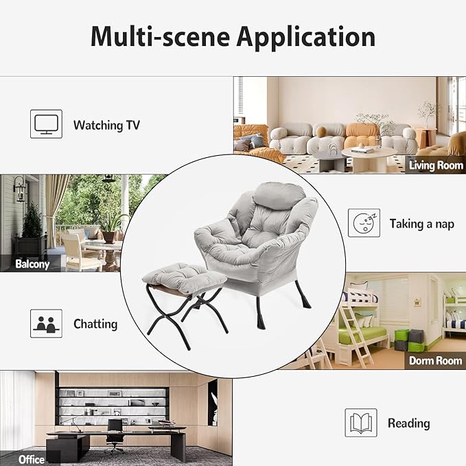 Youtanic Lazy Chair with Folding Ottoman, Accent Chair Velvet Upholstered with Metal Structure and Non-Slip Pads, Sofa Armchair with Footrest and Side Storage Bag for Dorm, Room, Office, Light Gray