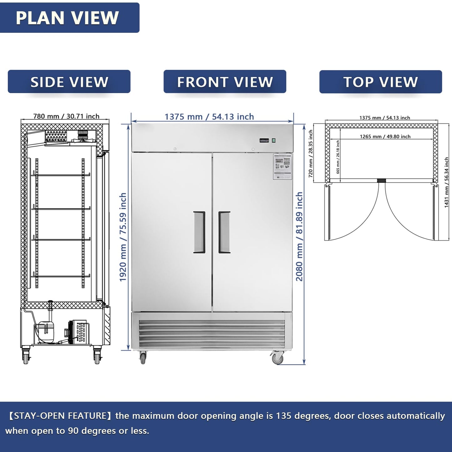 Commercial Refrigerator 54"W 2 Section 2 Solid Door Stainless Steel Interior and Exterior Construction Upright Fan Cooling