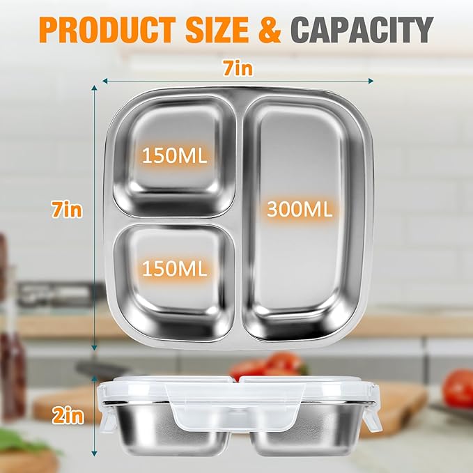 RAOOKIF 2 Pack Stainless Steel Snack Containers With Lids, 3 Compartment Leak-proof Food Storage Containers, 20 oz Reusable Grab and Go Snack Box for School, Home, Office, and Camping, Dishwasher-Safe