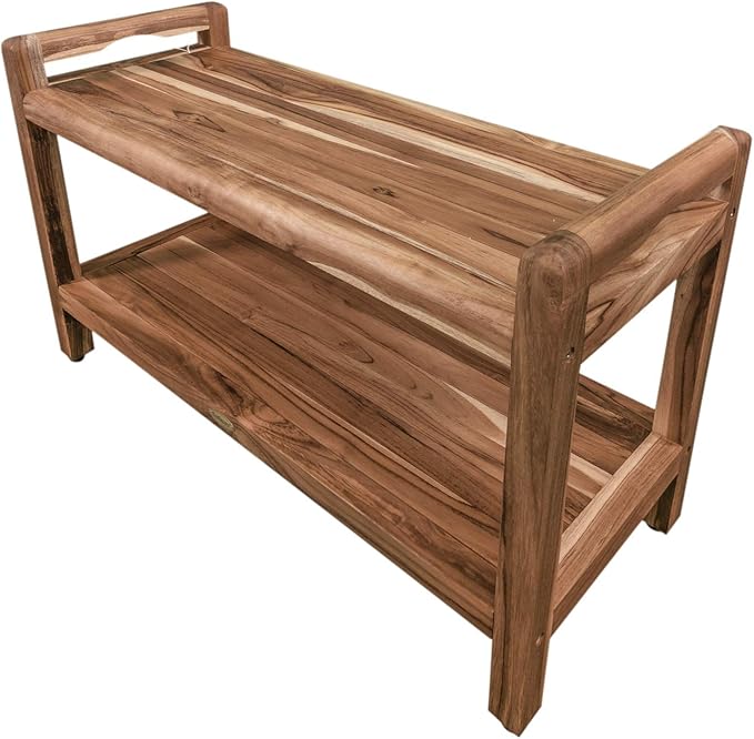 EcoDecors Eleganto 34 Inch Natural Color Waterproof Teak Wood Shower Bench Stool Seat Chair For Inside Shower Provides Safety, Storage, and Organization For Bathroom Accessories