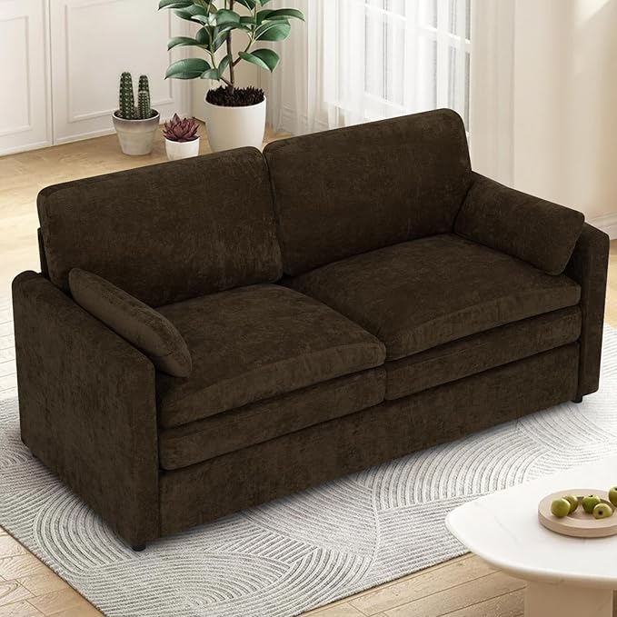 ACMEASE 69” Chenille Loveseat Sofa w/Arm Pillows, Upholstered 2-Seater Sofa w/Comfortable Back Cushions, Modern 2 Seats Couch w/High-Density Foam for Living Room, Apartment, Office, Brown