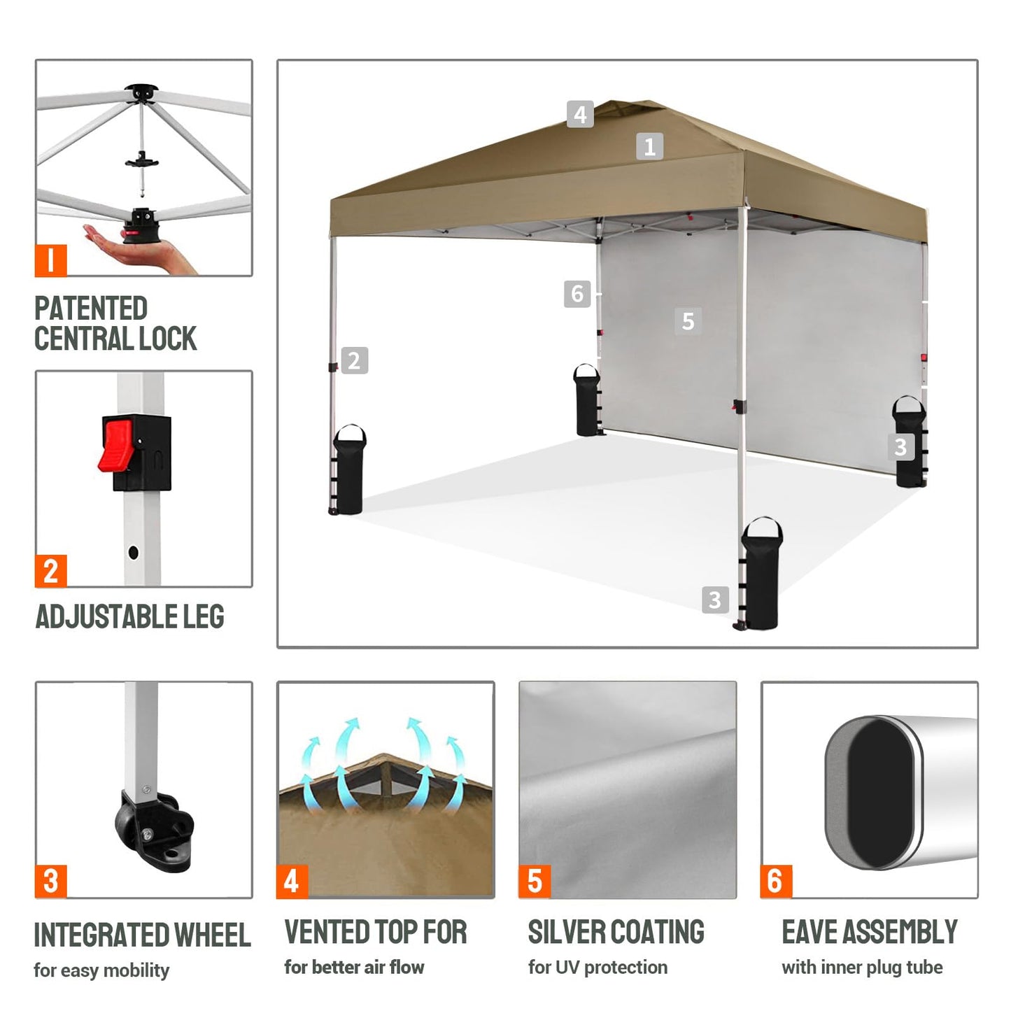 CROWN SHADES 10x10 Pop Up Canopy with 1 Side Wall - Beach Tent with One Push Setup - Outdoor Sun Shade for Events, Parties, Camping - Gazebo with STO-N-Go Cover Bag (Beige)