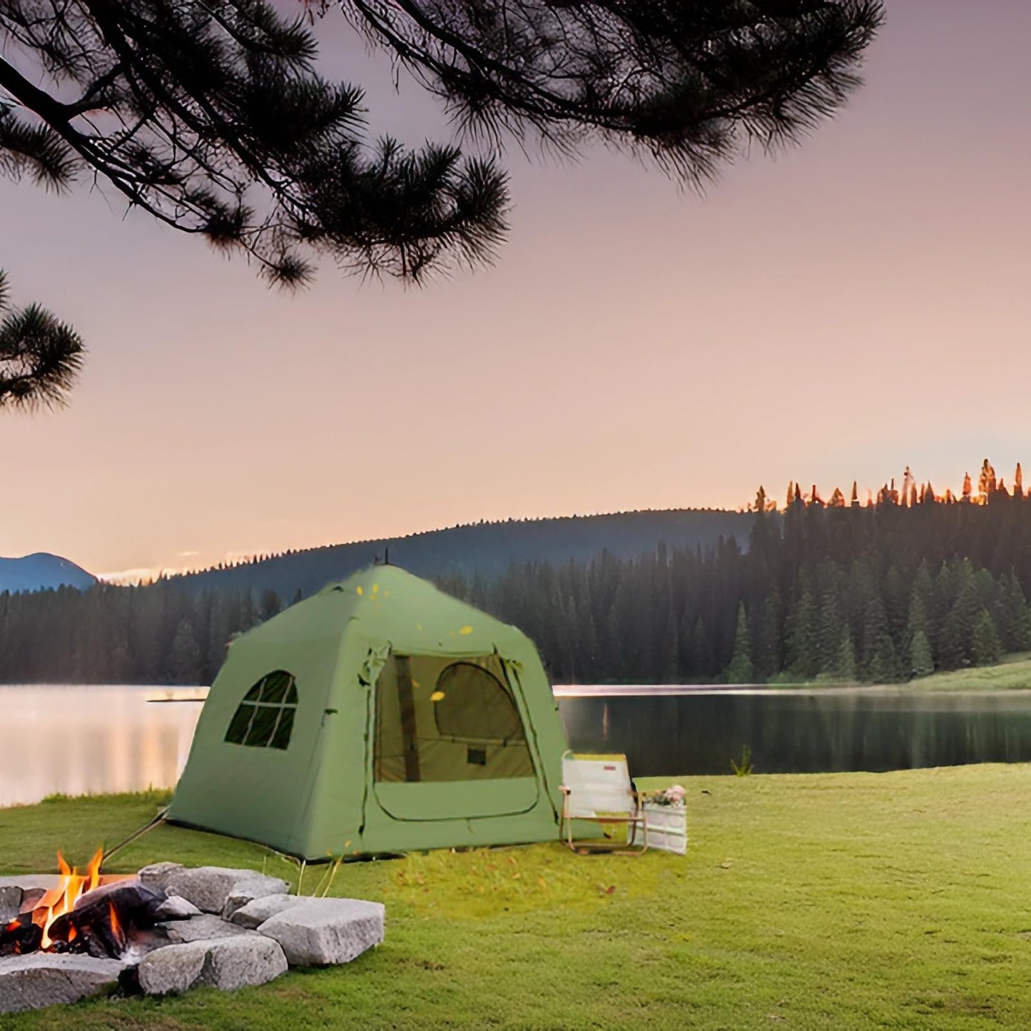 KNUO Inflatable Tent for Winter Camping 7.8x7.8ft Blow Up Air Tents, No Assembly Needed Luxury Glamping Tent for 1/2/3 People, Waterproof Oxford, Field Green