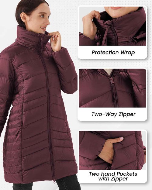PUREPEAR Women's Winter Warm Light Long Puffer Jacket with Detachable Hood Red XL
