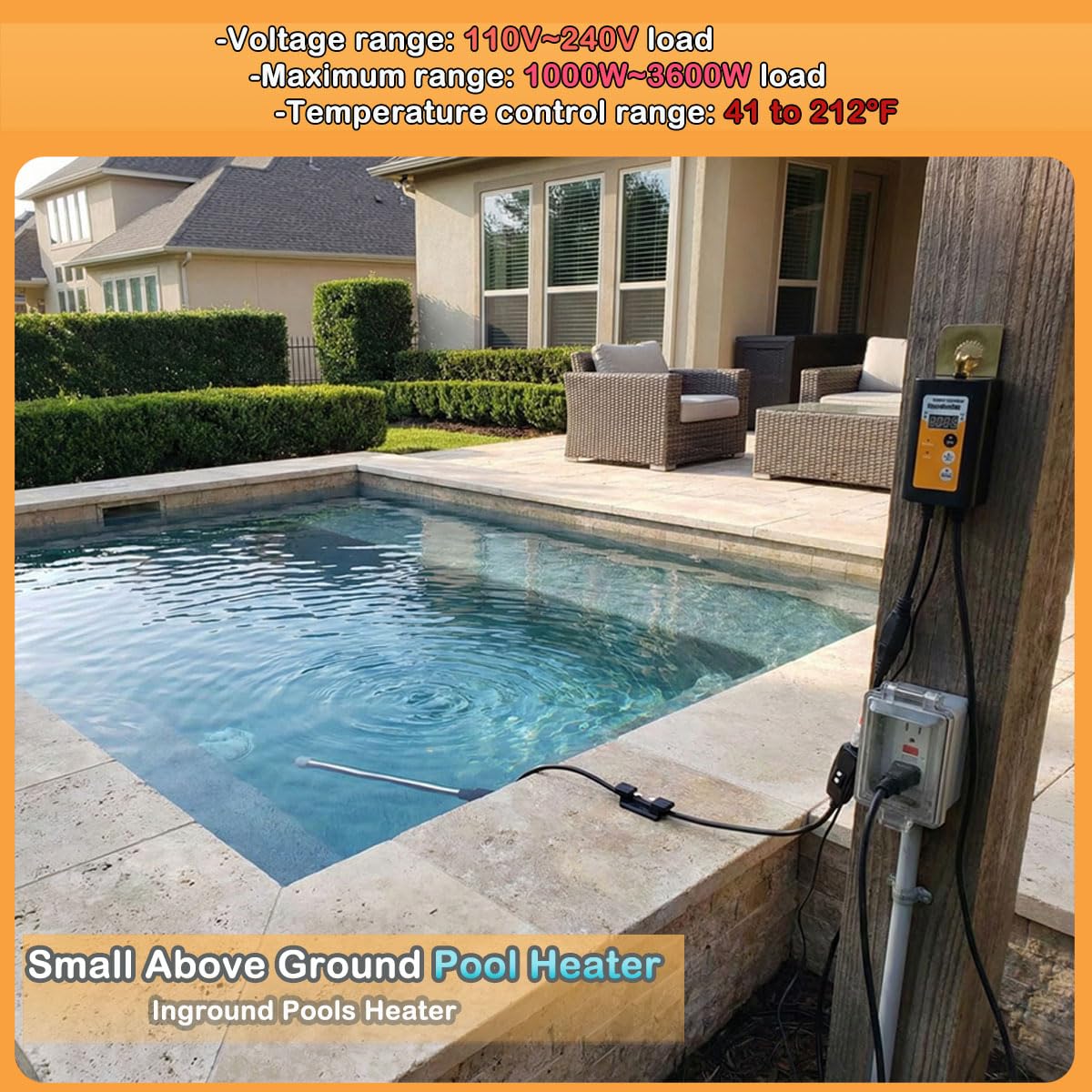1800W 120V Immersion Water Heater with GFCI, Portable Pool Heater for Small Above Ground Pool, Submersible Hot Tub Heater & Baptismal Pool Heater, Fit Bathtub and Small Inflatable Pool