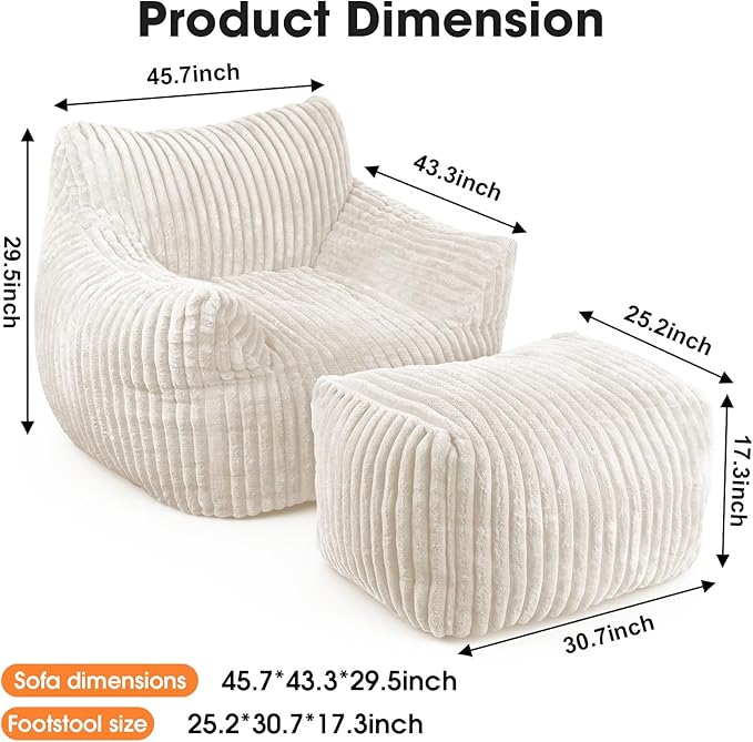 Giant Bean Bag Chair with Ottoman, Oversized Memory Foam Bean Bag Sofa for Adults and Kids, Large Comfy Fluffy Single Lounges Mini Couch for Living Room, Bedroom & Dorm(Beige)