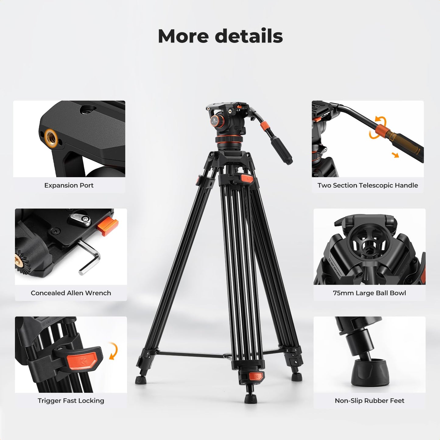 K&F CONCEPT 75" Video Tripod, Heavy Duty Camera Tripod Stand with Fluid Head Damping Adjustable, Load up to 22lb, QR Plate Compatible with Canon Nikon Sony and Other DSLR Camcorder