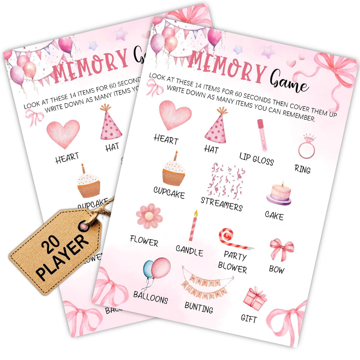 Pink Slumber Party Games Card - Coquette Pink Bow Themed Sleepover Slumber Party Supplies- Sleepover Stuff- Birthday Night Games Creative Idea -Memory Game- 20 Game Cards