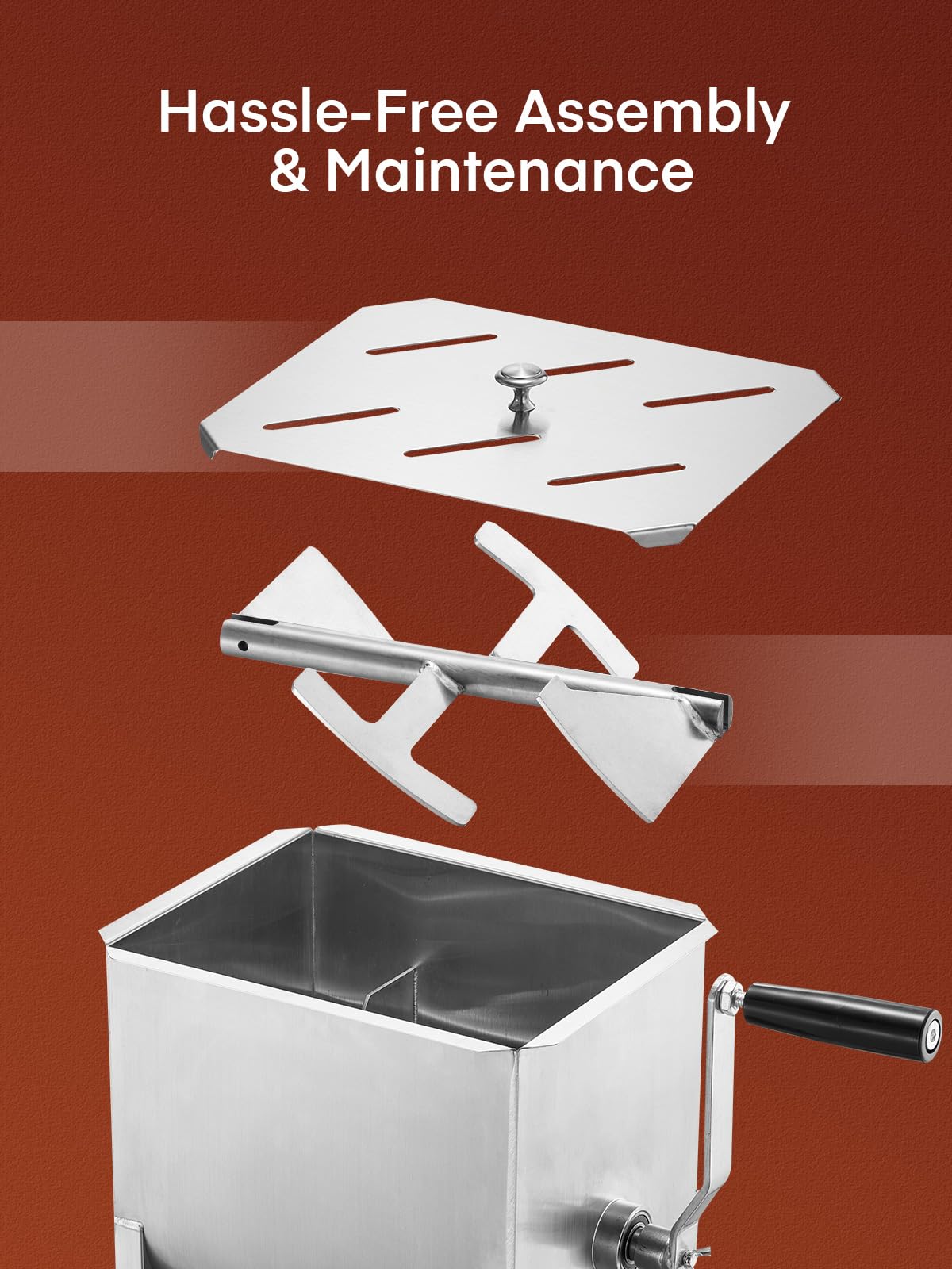 Meat Mixer, 20LBS/10L Capacity Tank 304 Stainless Steel Manual Meat Mixer, Meat Mixer for Sausage with Stainless Steel Lid ＆ Deachable Handle, Mix Up to 15LBS/7.5L