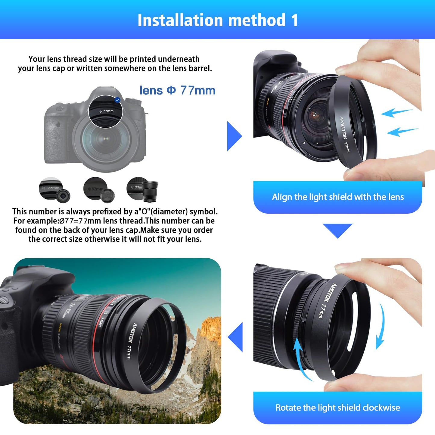 77Mm Camera Lens Hood Compatiable All With 77Mm Brands Filter Thread Lenses,Made Of Cnc Aluminium Hollow Lens Hood.18-35Mmf/3.5-
