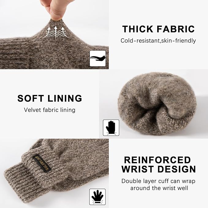Winter Wool Gloves for Men Warm Knitted Touchscreen Cold Weather Gloves for Running Driving