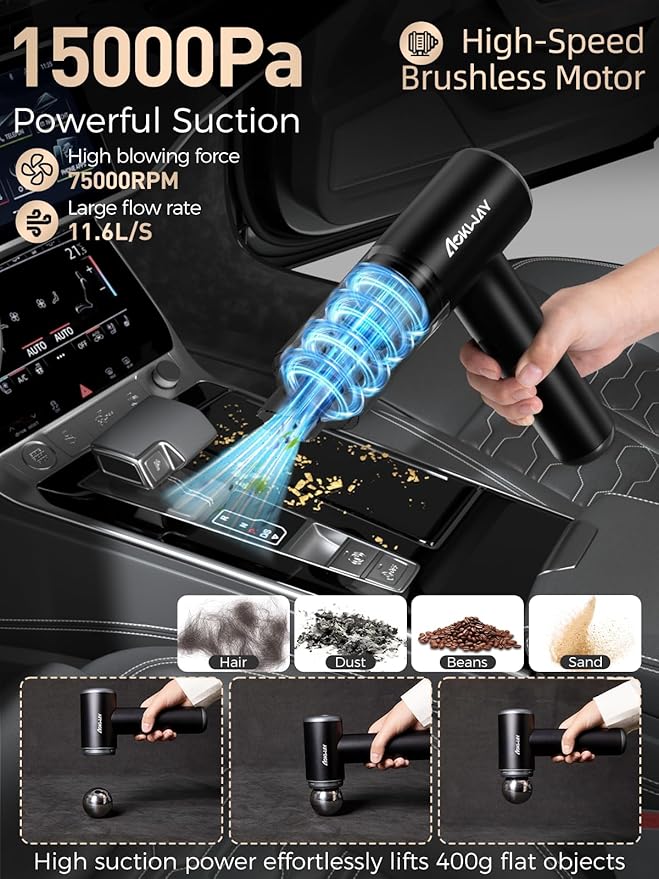 aokway Mini Vacuum Cleaner for Car, 15000PA Powerful Suction, Rechargeable Small Car Vacuum Portable Cordless, Handheld car Vacuum Cleaner & Air Duster for Home, Desk,PC, Keyboard