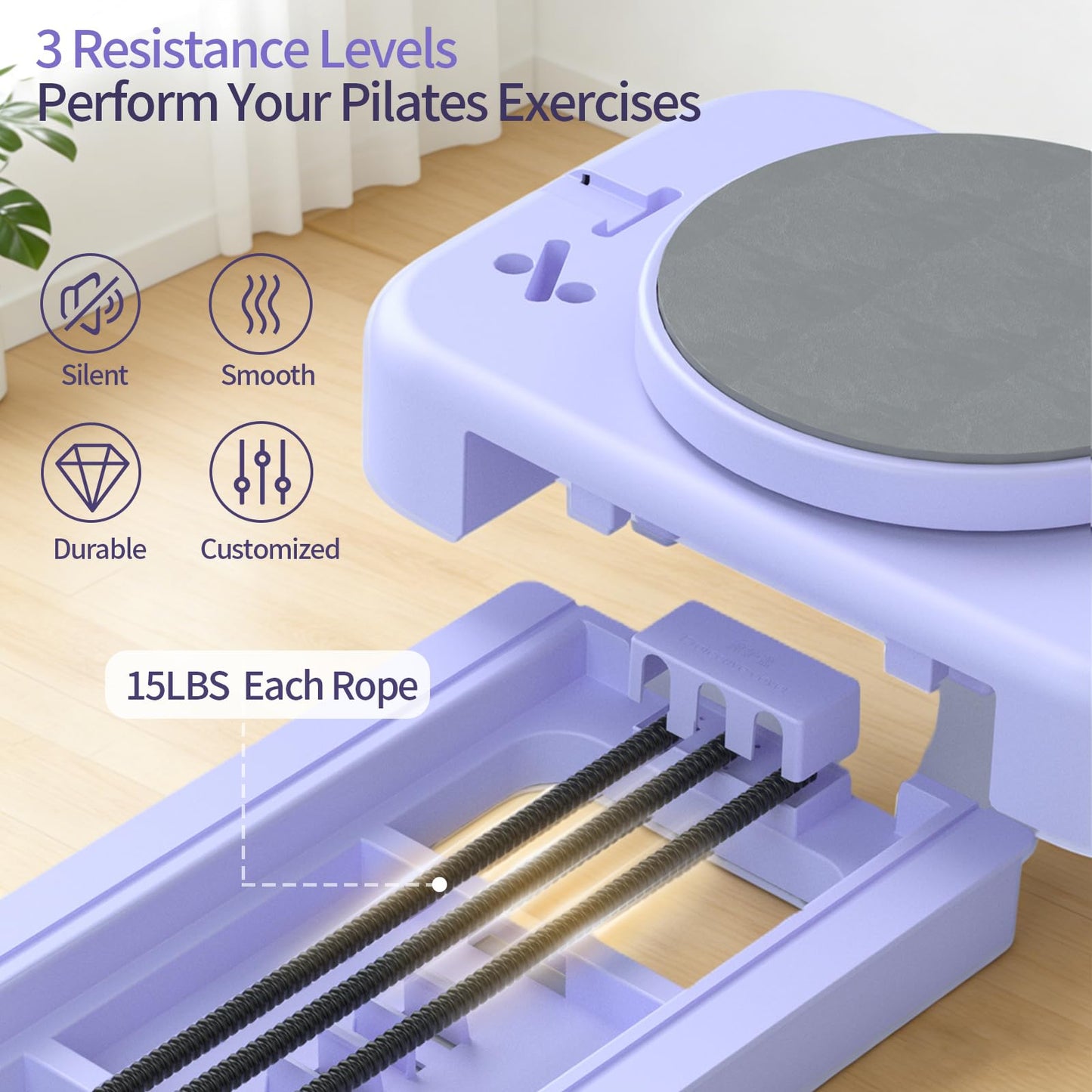Lerpio Pilates Reformer Board with 3 Adjustable Resistance, 60'' Foldable & Portable Pilates Machine for Home Use, Tool-Free Assembly, Includes Storage Box and 3 Yoga Socks (Purple)