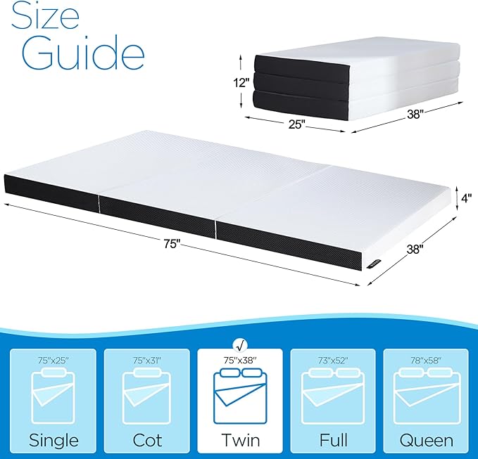 Roxzo 4 inch Twin Tri-Folding Memory Foam Mattress, Portable Trifold Mattress Topper with Washable Cover, Non-Slip Bottom for Camping, Guest Bed, 75"x38"x4"