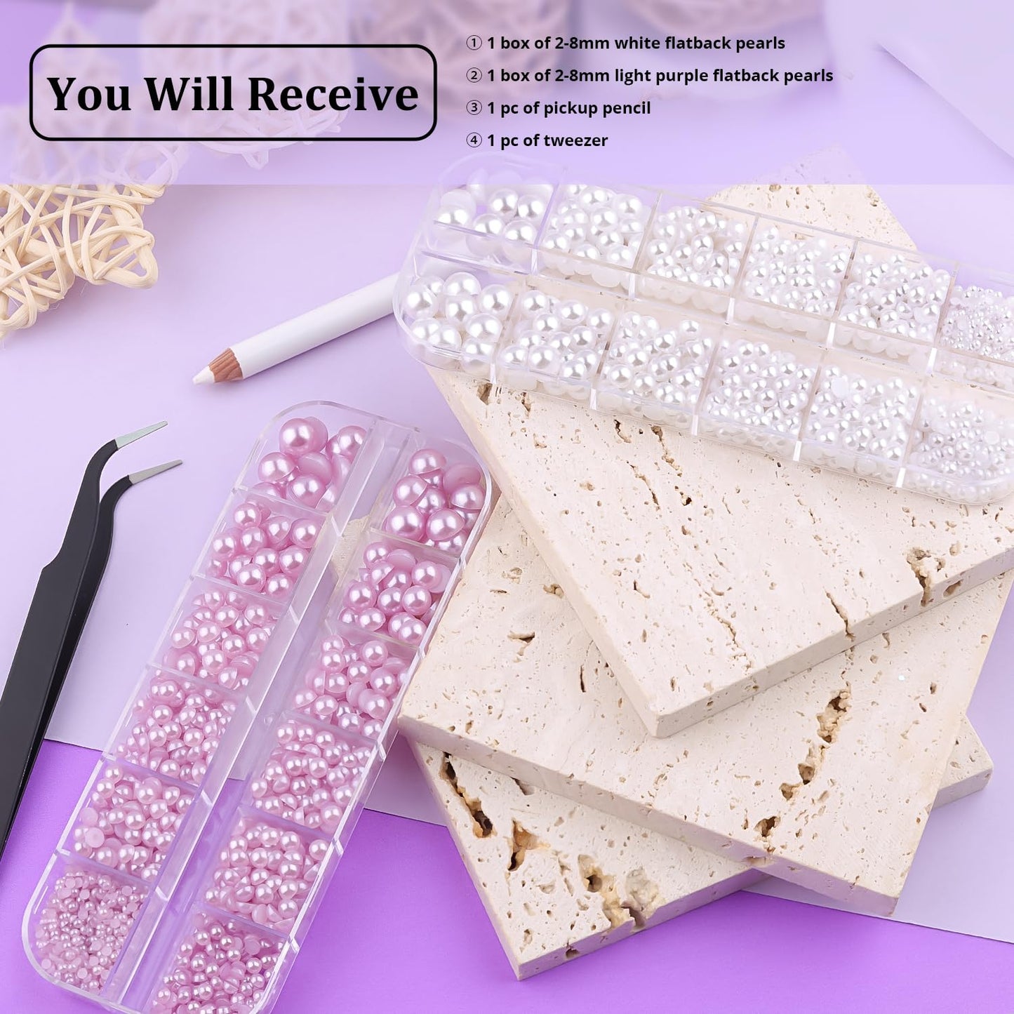 2 Boxes Flat Back Pearls Kit 2 Flatback White&Light Purple Half Round Pearls with Pencil and Tweezer 2-8mm for Face Makeup and C