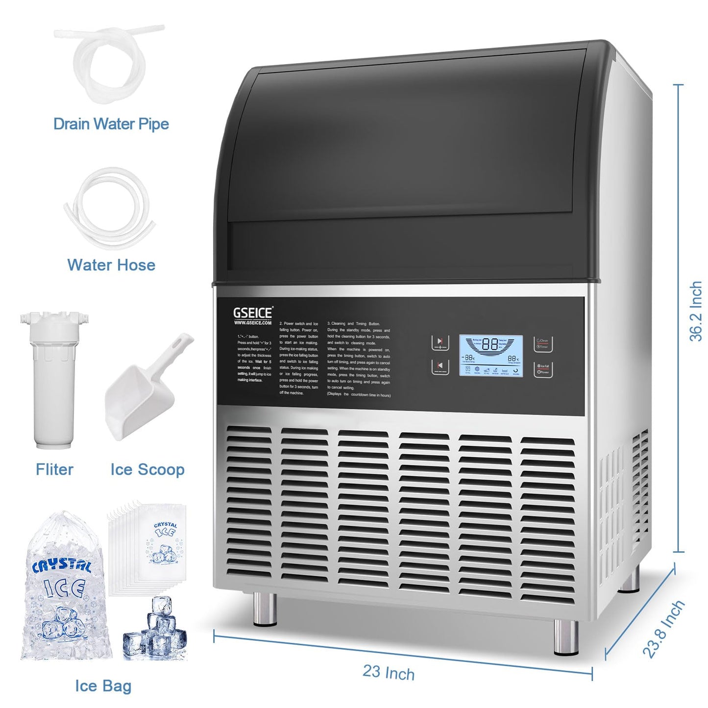 Commercial Ice Maker Machine - 300LBS/24H Under Counter Ice Machine with 70LBS Storage Bin, 90 Ice Cubes in 11Min, Stainless Steel Freestanding Ice Making Machine for Home Bar Outdoor