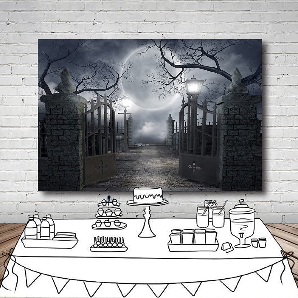 OUYIDA Halloween Night Full Moon Backdrop Gloomy Woods Graveyard Photography Background Horrible Cemetery Spooky Party Banner Halloween Party Decoration Photo Booth Props 10X8FT TP17H