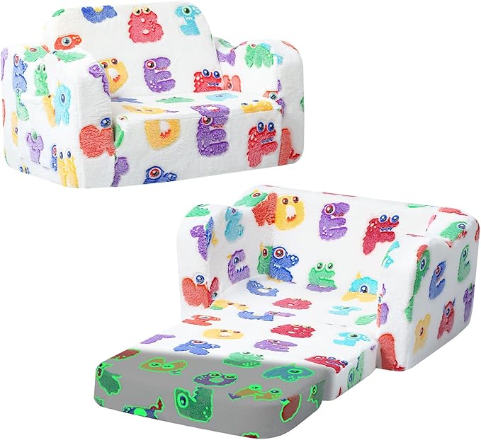 MeMoreCool Glow Alphabet Toddler Sofa Bed – 2-in-1 Foldable Foam Chair for Kids Light-Up Letters, Soft Supportive Foam, Machine-Washable Cover, Great for Boys and Girls