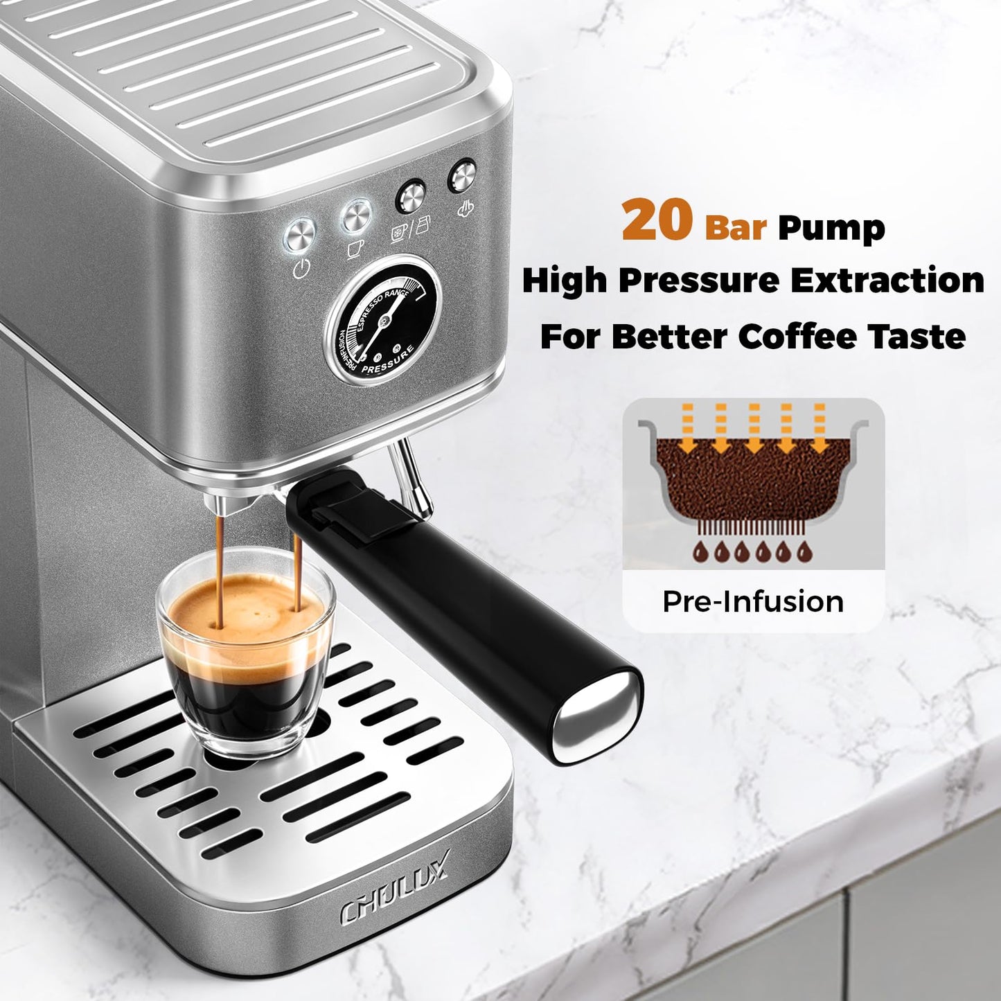 CHULUX Elite Espresso Machine with Milk Frother, Compact Hot and Ice Expresso Coffee Maker for Cappuccino, Latte and Americano, 20 Bar Italian High Pressure Pump, Metallic Gray