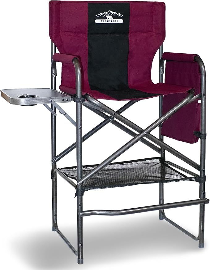 Tisetrail Tall Directors Chair 30" Seat Height, Bar Height Folding Chair with Side Table, Foldable Camping Chair with Side Pocket for Makeup Artist, Sports Event, Supports 400LBS - Wine Red/Black
