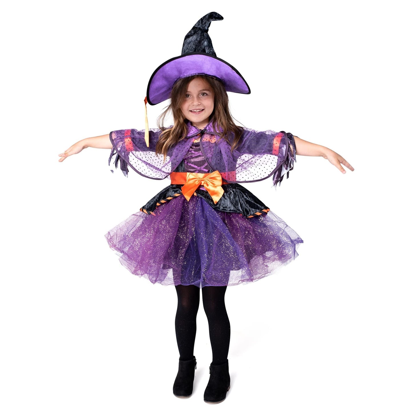Spooktacular Creations Child Girl Orange Purple Witch Costume, Toddler Witch Outfit Set with Broom for Kids Halloween Dress Up Parties (Toddler (3-4yr))