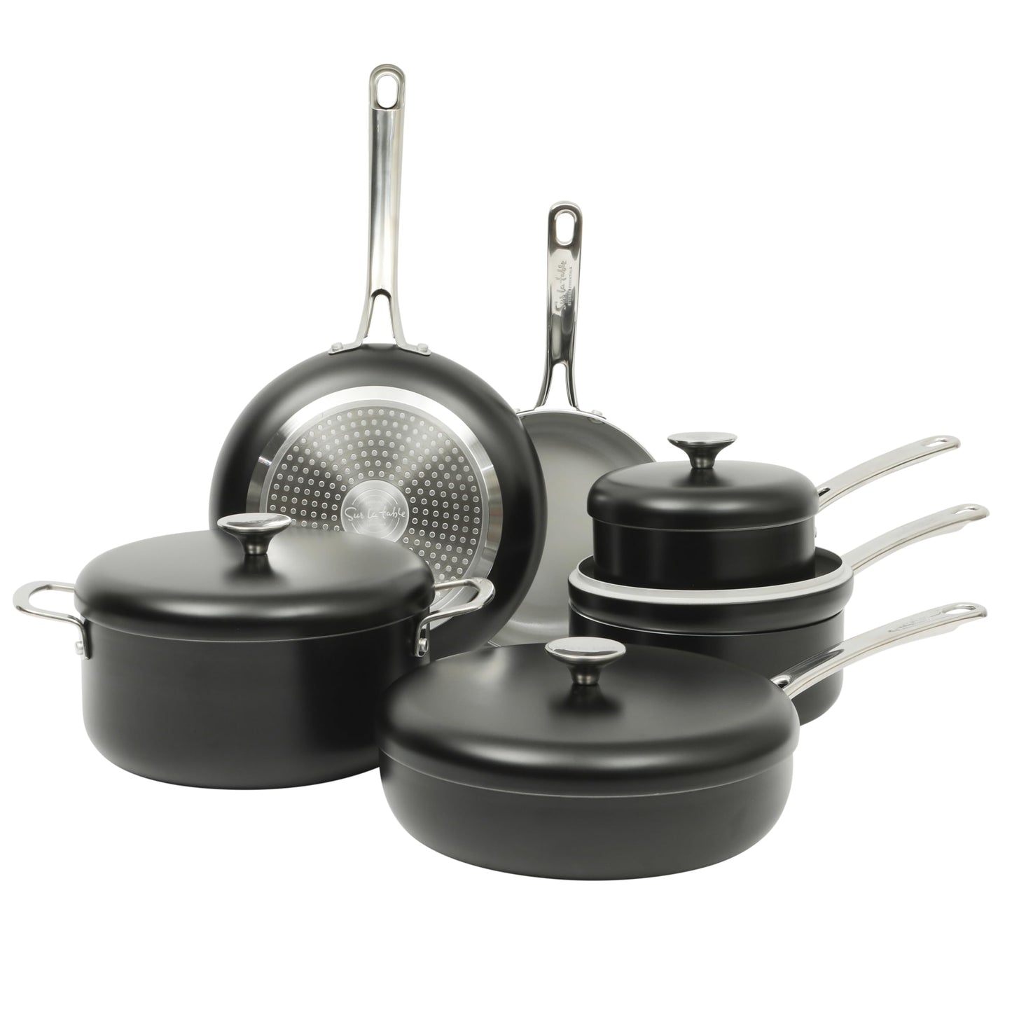 Sur La Table Kitchen Essentials Potluck Porch 10 Piece PFA Free Ceramic Non stick Interior Forged Aluminum Cookware Pots and Pans Set W/Aluminum Lids - Black - Induction Compatible