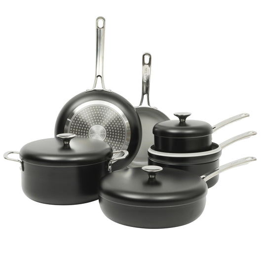 Sur La Table Kitchen Essentials Potluck Porch 10 Piece PFA Free Ceramic Non stick Interior Forged Aluminum Cookware Pots and Pans Set W/Aluminum Lids - Black - Induction Compatible