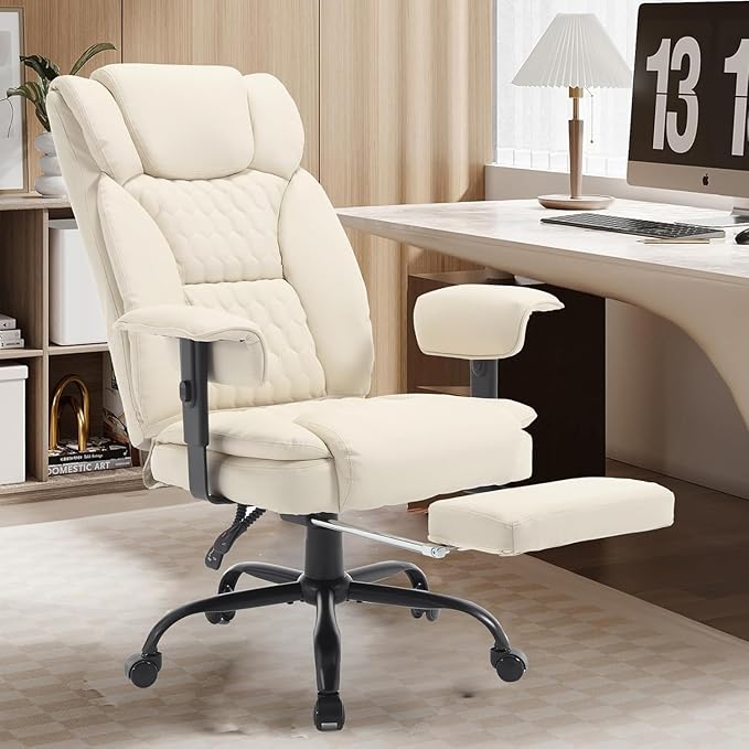 Reclining Office Chair with Footrest, 400Lb Big and Tall Office Chairs High Back Executive Computer Gaming Chairs with Wide Seat Pu Leather Recliner Home Desk Chairs for Adult,Beige