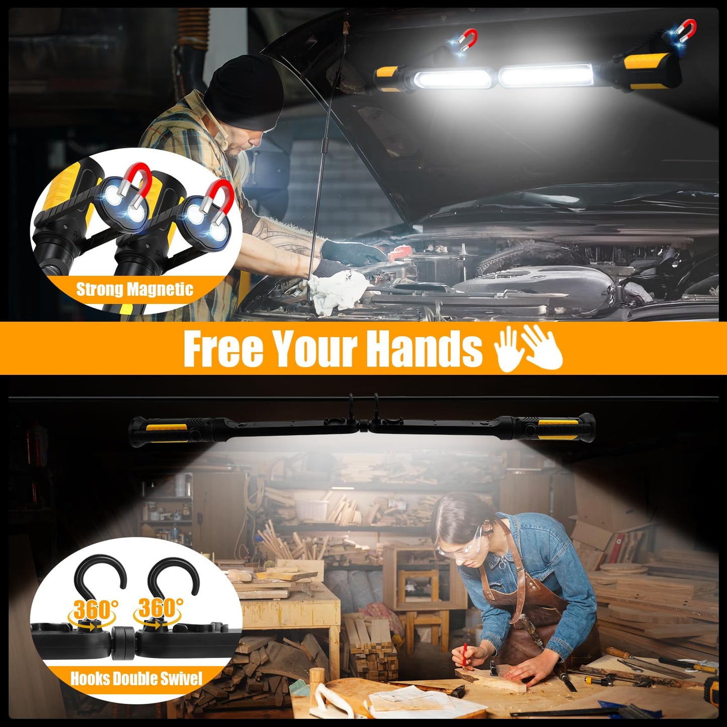 SYLSTAR Mechanic Work Light Bar with Upgraded Sensor Control - 2400LM LED, 4400mAh Rechargeable Underhood Work Light with Hooks & Magnetic Base for Car Repairing, Garage Workshop, Emergency