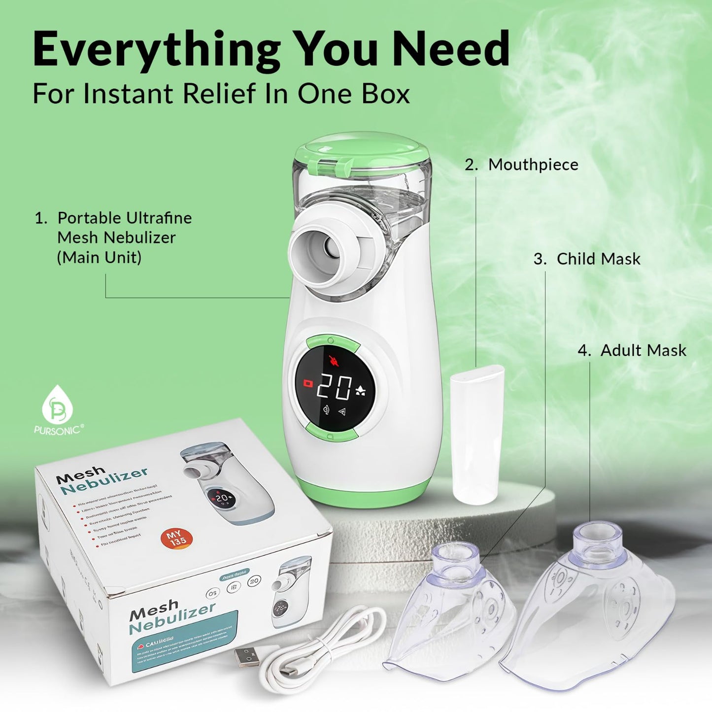 Pursonic 3-in-1 Portable Mesh Mist Device – Rechargeable Handheld Atomizer with LED Display, Quiet Dual Modes, Auto Cleaning, Adult & Child Masks, Travel-Friendly