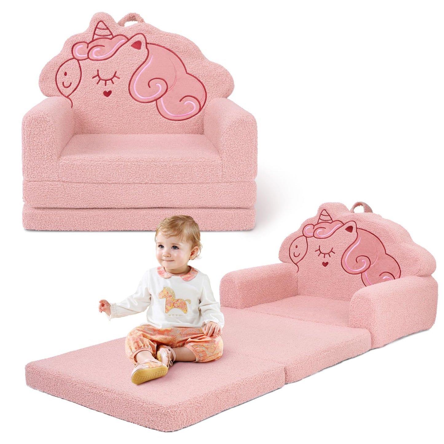 TinyPalsa Kids Couch, Convertible Sofa to Lounger Fold Out, Pink Unicorn Design Chair for Toddlers 1-3, Gift for Birthday, Movie Night