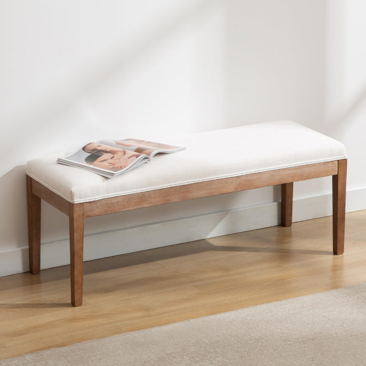 Janoray Linen Entryway Bench Farmhouse Dining Benches Upholstered Bedroom Bench Shoe Bench Seat for Hallway Living Room Bedroom End of Bed, 16" D x 45.5" W x 18.75" H, Beige